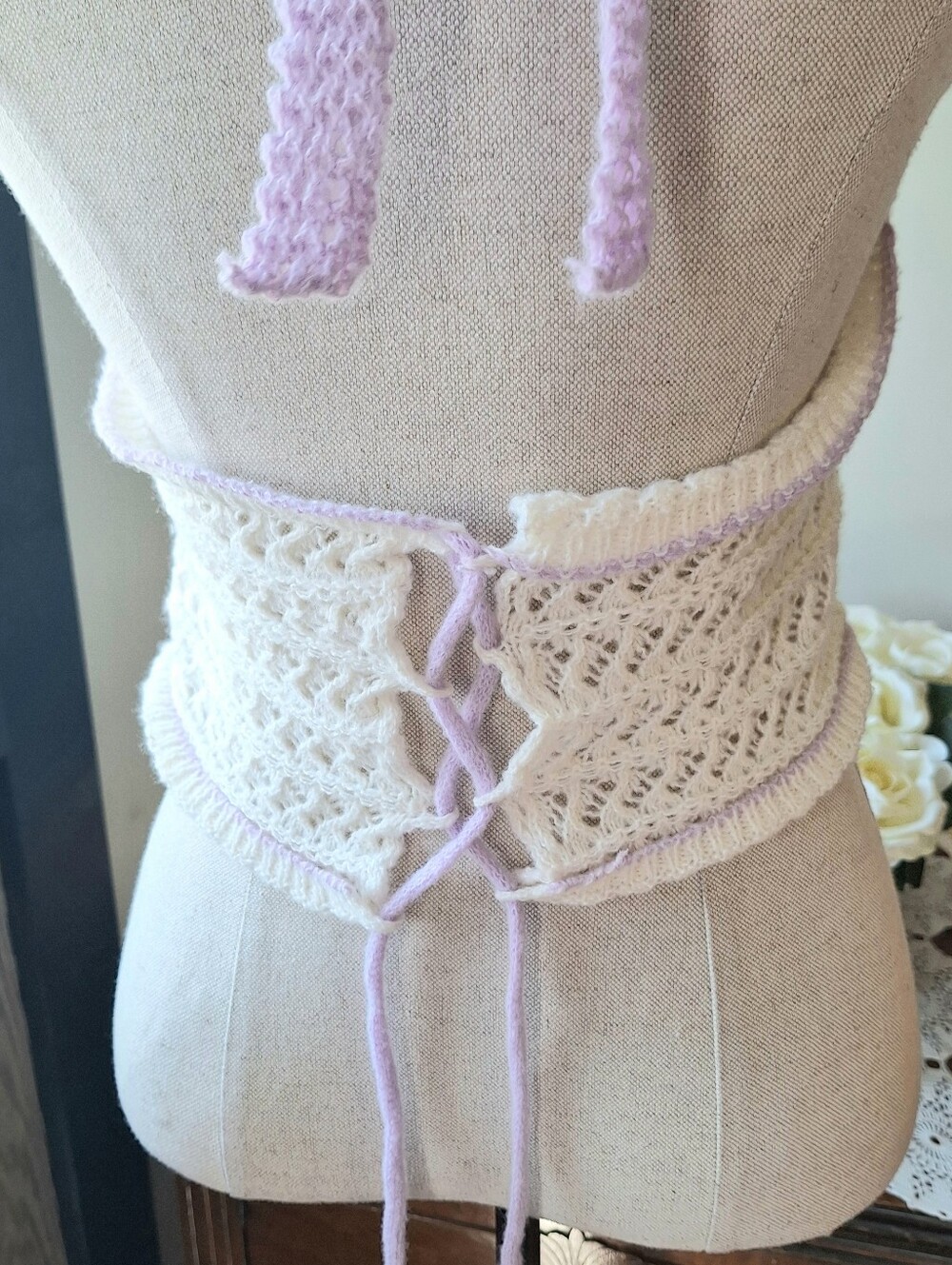Kawaii Crochet Halter Crop Top with Lavender 3D Flowers, L(8-10) - Picture 9 of 13